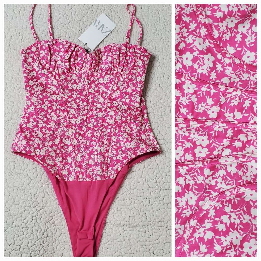 Zara Floral Corset Bodysuit Sweetheart Neckline Size S